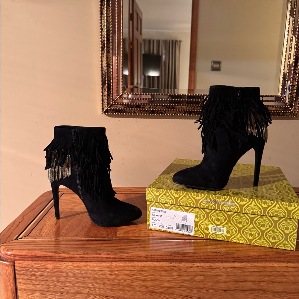 Gianni Bini Black Suede Fringe Heeled Boots